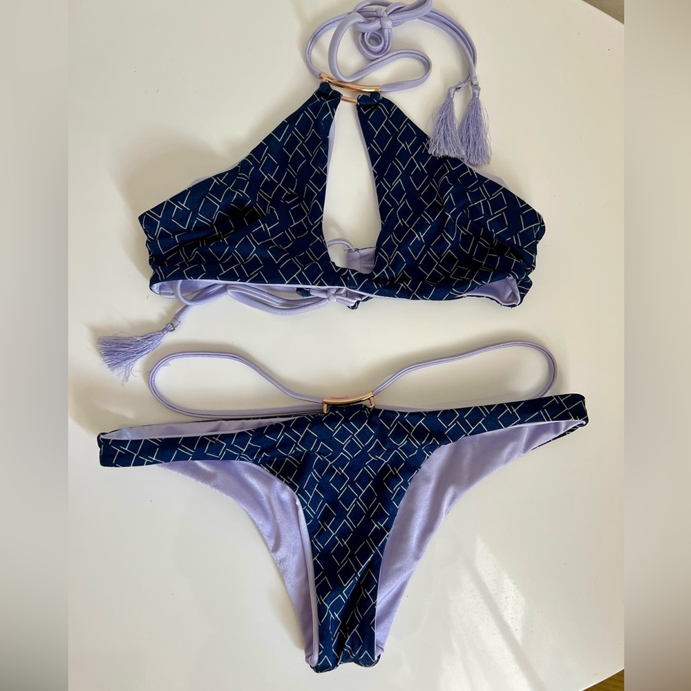 Navy and Lavender Geometric Bikini Set